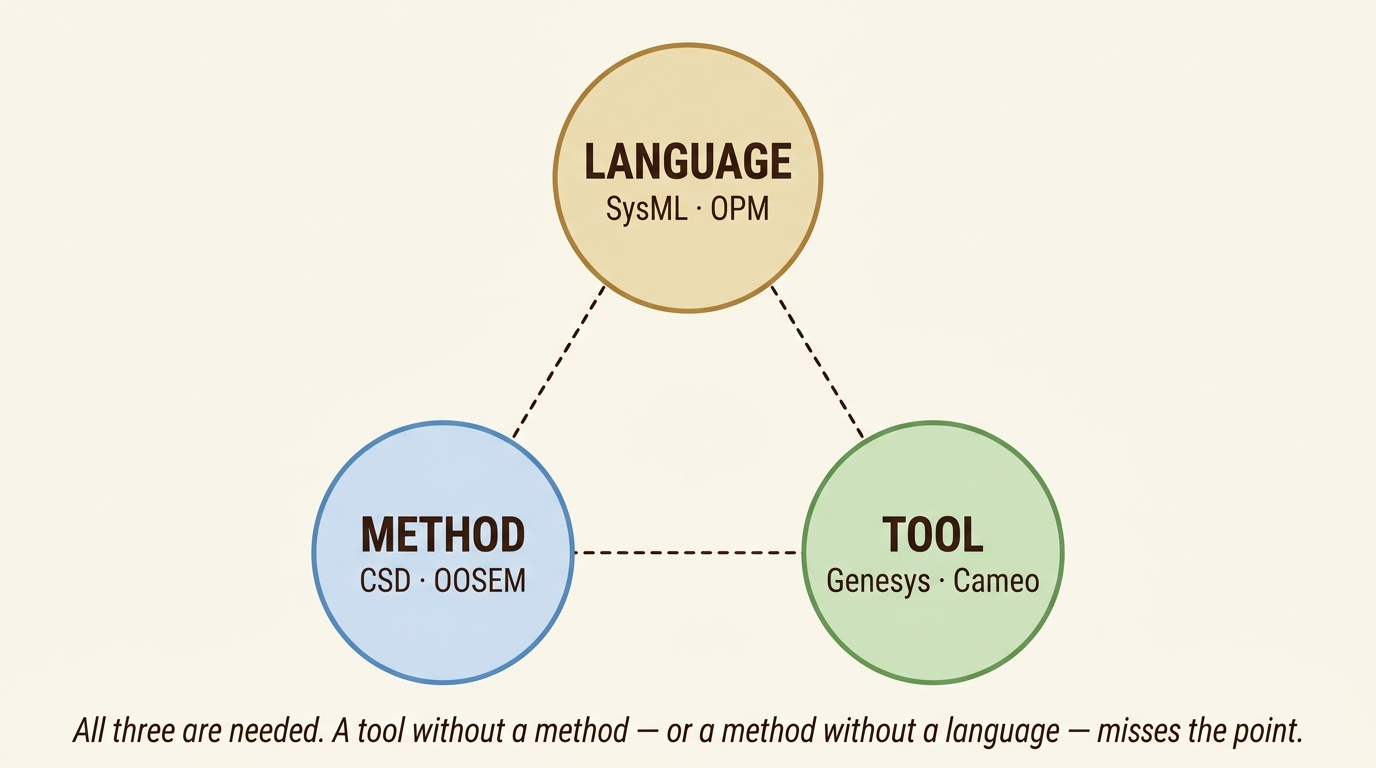 MBSE rests on three pillars: Language (SysML, OPM), Method (CSD, OOSEM), and Tool (Genesys, Cameo)